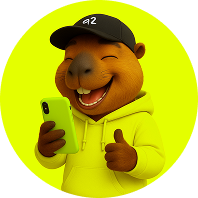 Uśmiechnięta kapibara z telefonem, w czarpce z logo a2mobile